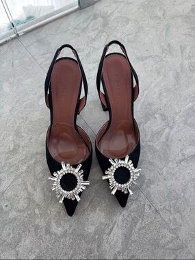 Amina Muaddi Black Crystal Slingback Pumps